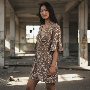 Kimono Style, Brown and White Patterned Dress